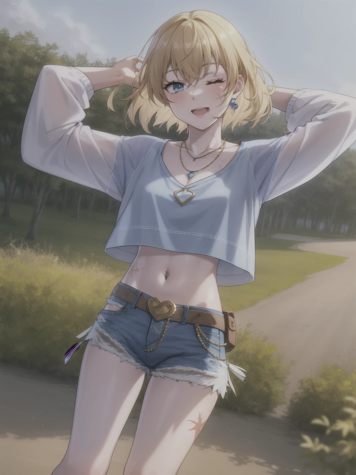 wattson (apex legends), masterpiece, best quality, 1girl, solo, one eye closed, shorts, belt, blue eyes, open mouth, blonde hair, bird, necklace, smile, denim, dove,  (fullbody), navel, looking at viewer, blush, jewelry, denim shorts, arms up, bead necklace, midriff, beads, long sleeves, scar, scar on face, scar on cheek, burn scar, bangs,