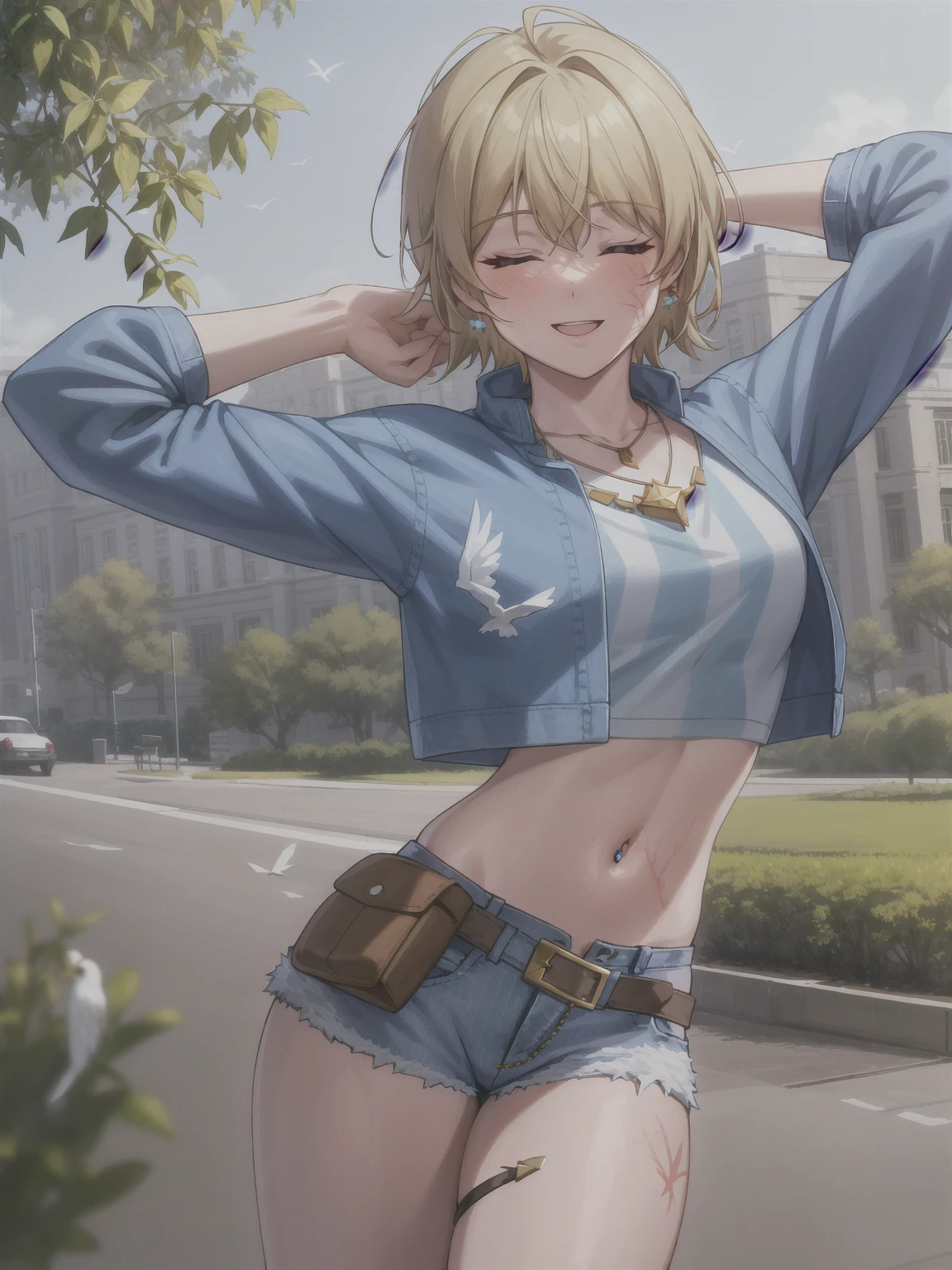 wattson (apex legends), masterpiece, best quality, 1girl, solo, one eye closed, shorts, belt, blue eyes, open mouth, blonde hair, bird, necklace, smile, denim, dove,  (fullbody), navel, looking at viewer, blush, jewelry, denim shorts, arms up, bead necklace, midriff, beads, long sleeves, scar, scar on face, scar on cheek, burn scar, bangs,