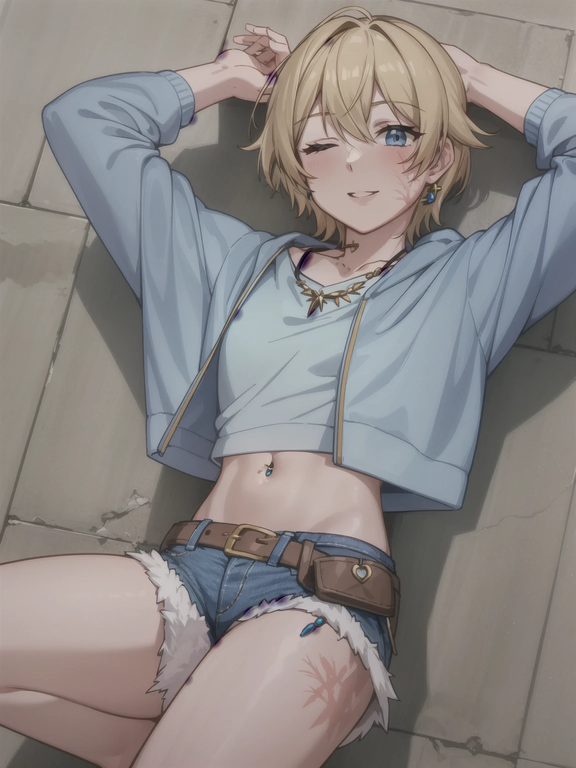 wattson (apex legends), masterpiece, best quality, 1girl, solo, one eye closed, shorts, belt, blue eyes, open mouth, blonde hair, bird, necklace, smile, denim, dove,  (fullbody), navel, looking at viewer, blush, jewelry, denim shorts, arms up, bead necklace, midriff, beads, long sleeves, scar, scar on face, scar on cheek, burn scar, bangs,