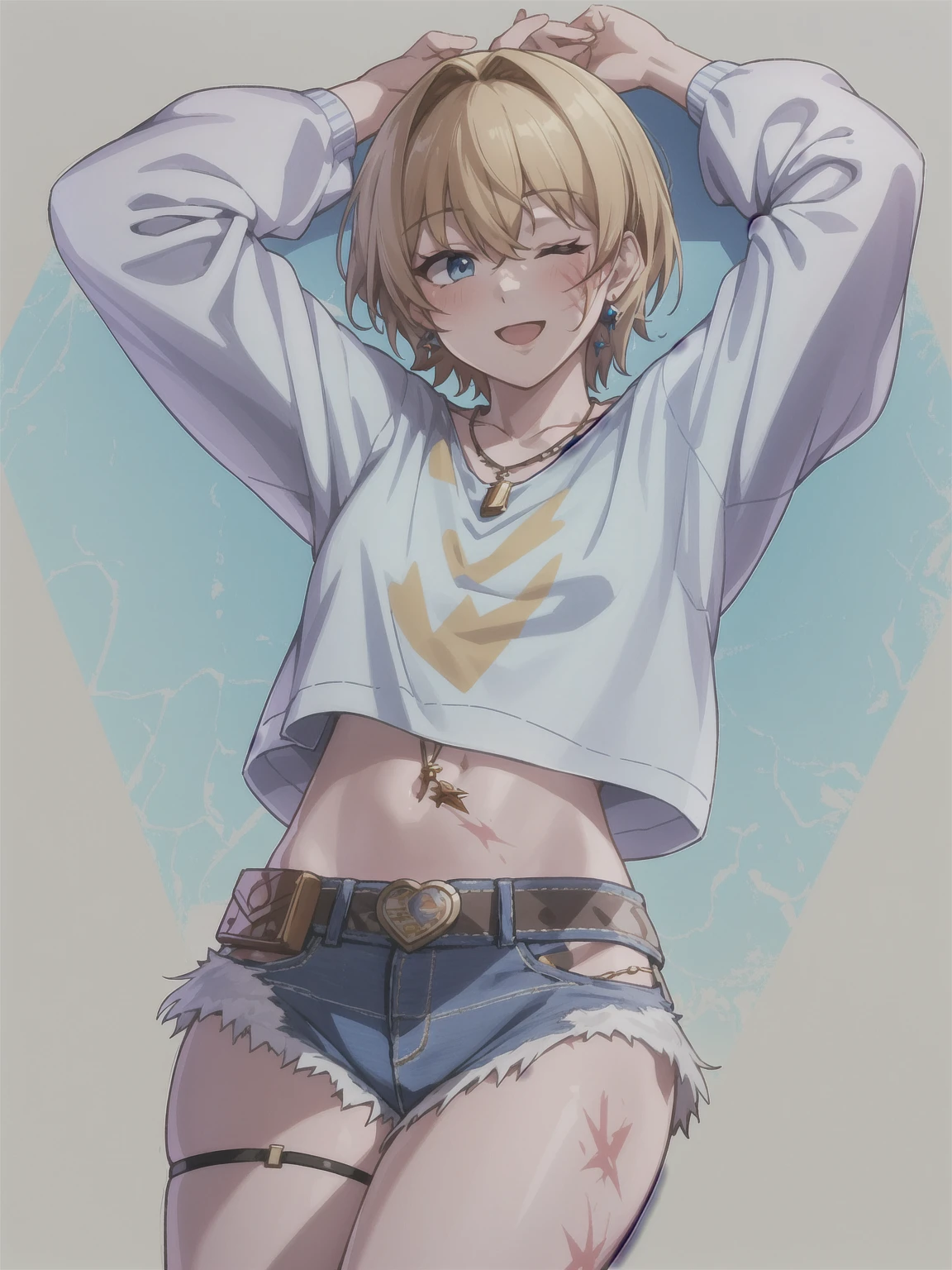 wattson (apex legends), masterpiece, best quality, 1girl, solo, one eye closed, shorts, belt, blue eyes, open mouth, blonde hair, bird, necklace, smile, denim, dove,  (fullbody), navel, looking at viewer, blush, jewelry, denim shorts, arms up, bead necklace, midriff, beads, long sleeves, scar, scar on face, scar on cheek, burn scar, bangs,