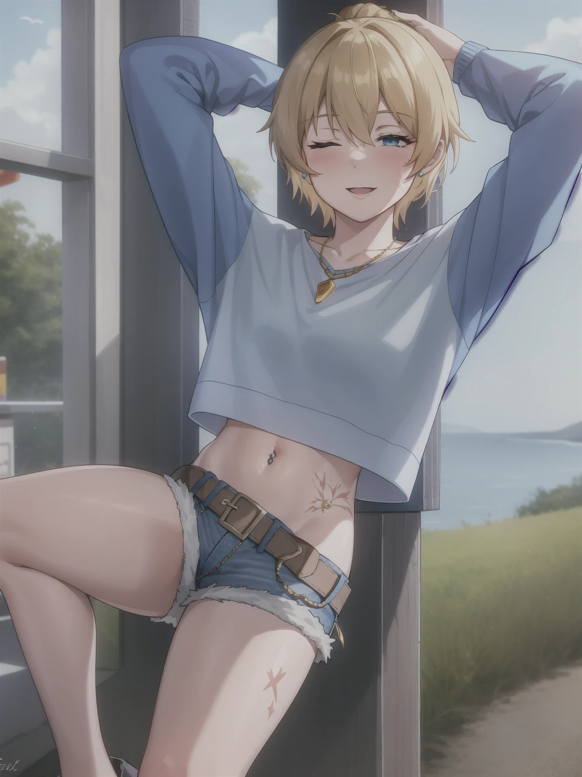 wattson (apex legends), masterpiece, best quality, 1girl, solo, one eye closed, shorts, belt, blue eyes, open mouth, blonde hair, bird, necklace, smile, denim, dove,  (fullbody), navel, looking at viewer, blush, jewelry, denim shorts, arms up, bead necklace, midriff, beads, long sleeves, scar, scar on face, scar on cheek, burn scar, bangs,