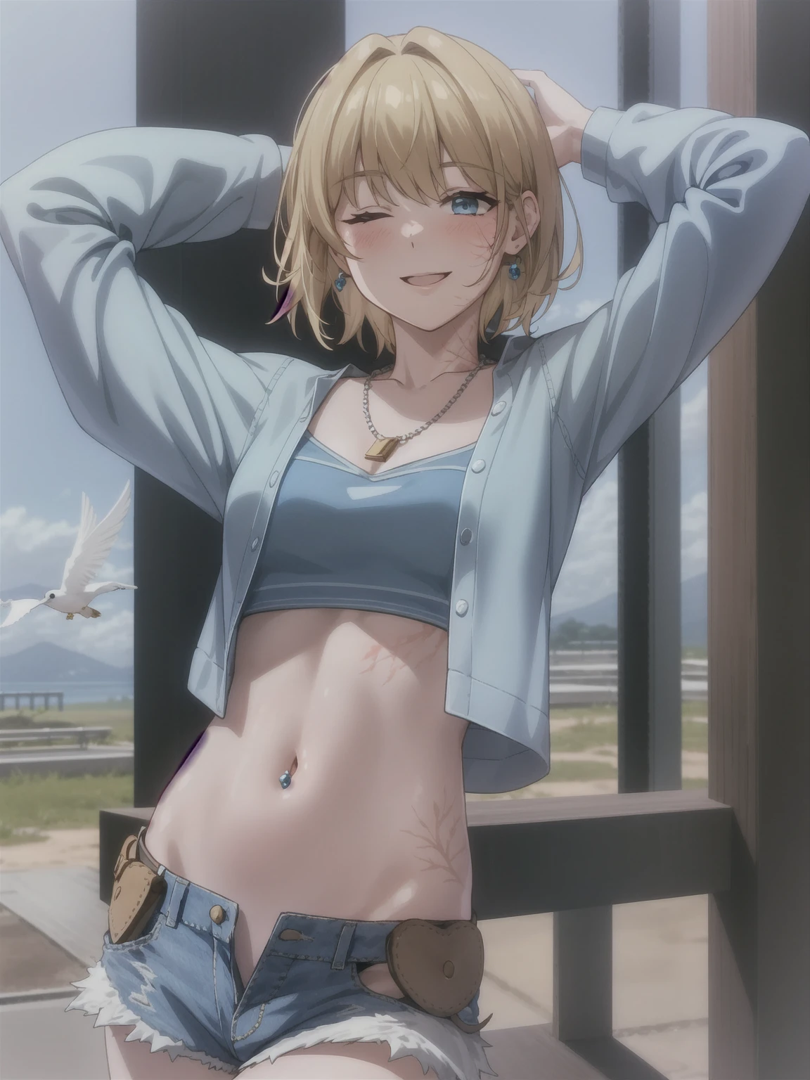 wattson (apex legends), masterpiece, best quality, 1girl, solo, one eye closed, shorts, belt, blue eyes, open mouth, blonde hair, bird, necklace, smile, denim, dove,  (fullbody), navel, looking at viewer, blush, jewelry, denim shorts, arms up, bead necklace, midriff, beads, long sleeves, scar, scar on face, scar on cheek, burn scar, bangs,