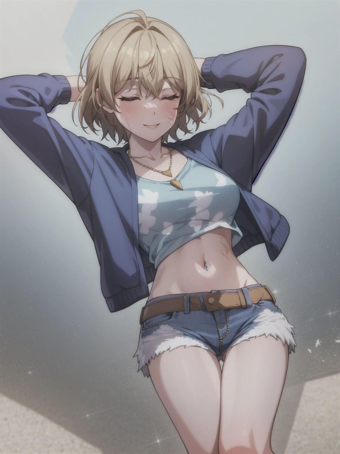 wattson (apex legends), masterpiece, best quality, 1girl, solo, one eye closed, shorts, belt, blue eyes, open mouth, blonde hair, bird, necklace, smile, denim, dove,  (fullbody), navel, looking at viewer, blush, jewelry, denim shorts, arms up, bead necklace, midriff, beads, long sleeves, scar, scar on face, scar on cheek, burn scar, bangs,