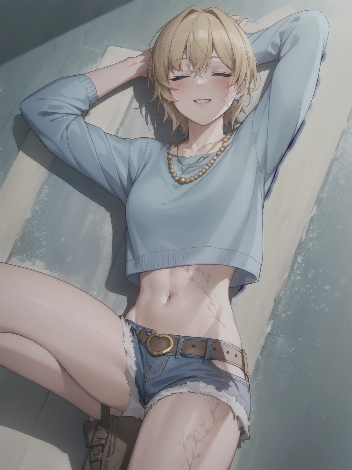 wattson (apex legends), masterpiece, best quality, 1girl, solo, one eye closed, shorts, belt, blue eyes, open mouth, blonde hair, bird, necklace, smile, denim, dove,  (fullbody), navel, looking at viewer, blush, jewelry, denim shorts, arms up, bead necklace, midriff, beads, long sleeves, scar, scar on face, scar on cheek, burn scar, bangs,