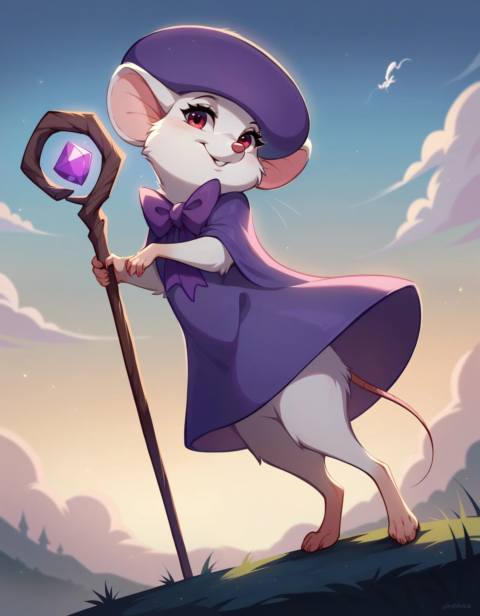 score_9, score_8_up, score_8, (solo), (fluffy:0.8), (feral), outdoors, furry, (mouse), Miss Bianca, female, glowing red eyes, white fur, white ears, claws, (fluffy cheeks:0.4), witch hat, (purple dress), (magical staff), (cute:0.3), in the style of beatrix potter, cel-shading, sky, backlit, levitating, flying, dark aura, arkane_dark, dramatic angle