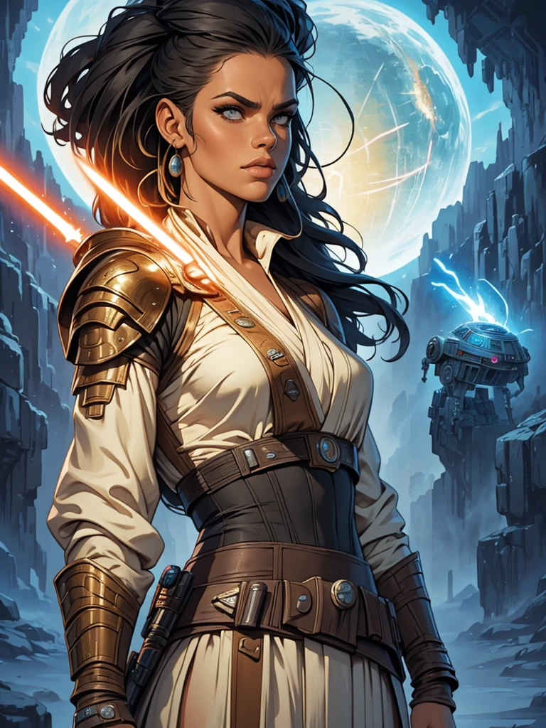 a Star Wars bounty hunter based on Alina Lopez, star Wars, highly detailed cinematic sci-fi illustration, black outlining, full color illustration, in the style of BORIS VALLEJO & JULIE BELL, masterpiece, 8k, ultra-detailed, physically-based rendering, vivid colors, dramatic lighting, intricate background, photorealistic
