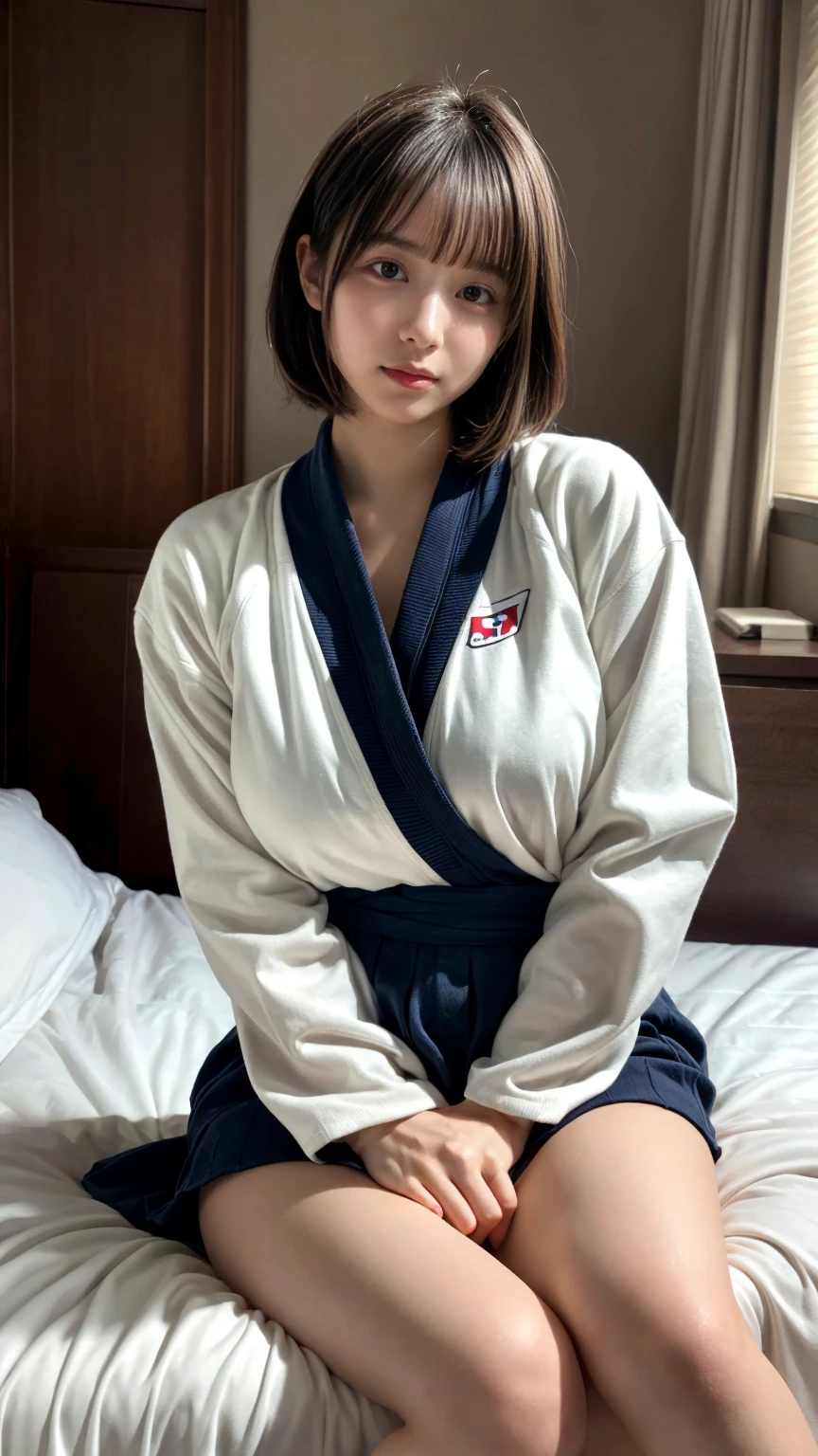 masterpiece, best quality, illustration, Super detailed, fine details, High resolution, 8K,wall paper, perfect dynamic composition,(Details High quality, realistic depiction of eyes:1.3), oversized judo uniform white, sitting, open legs, short bob hair, in a hotel room in the background, large breasts, black hair color, Big Natural Color Lip, (perfect body shape), crying a little、Harajuku style、20 year old girl、cute type、beautiful legs, Gravure Idol