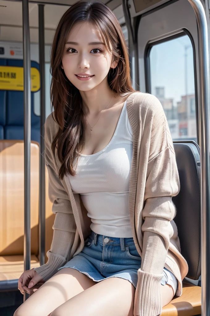 RAW, Best quality, high resolution, masterpiece: 1.3), Beautiful woman, sitting on 25years old man lap on a bus among men, crowded passenger bus, LONG HAIR, slim body, only wearing pink cardigan, vagina shown, highres, no panties, 4k, HDR, 1girl, photorealistic, realistic, ((whole body)), looking at the camera, full body shot, bright lighting, high brightness, sunny, day vibes, nsfw,