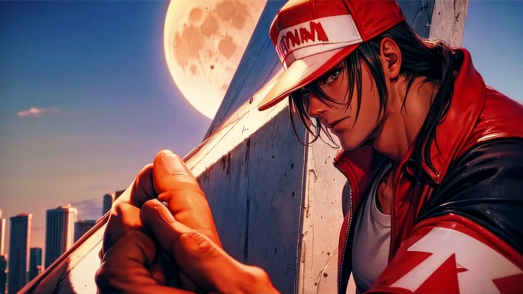 Terry Bogard looking at the moon somewhere in the city of Miami