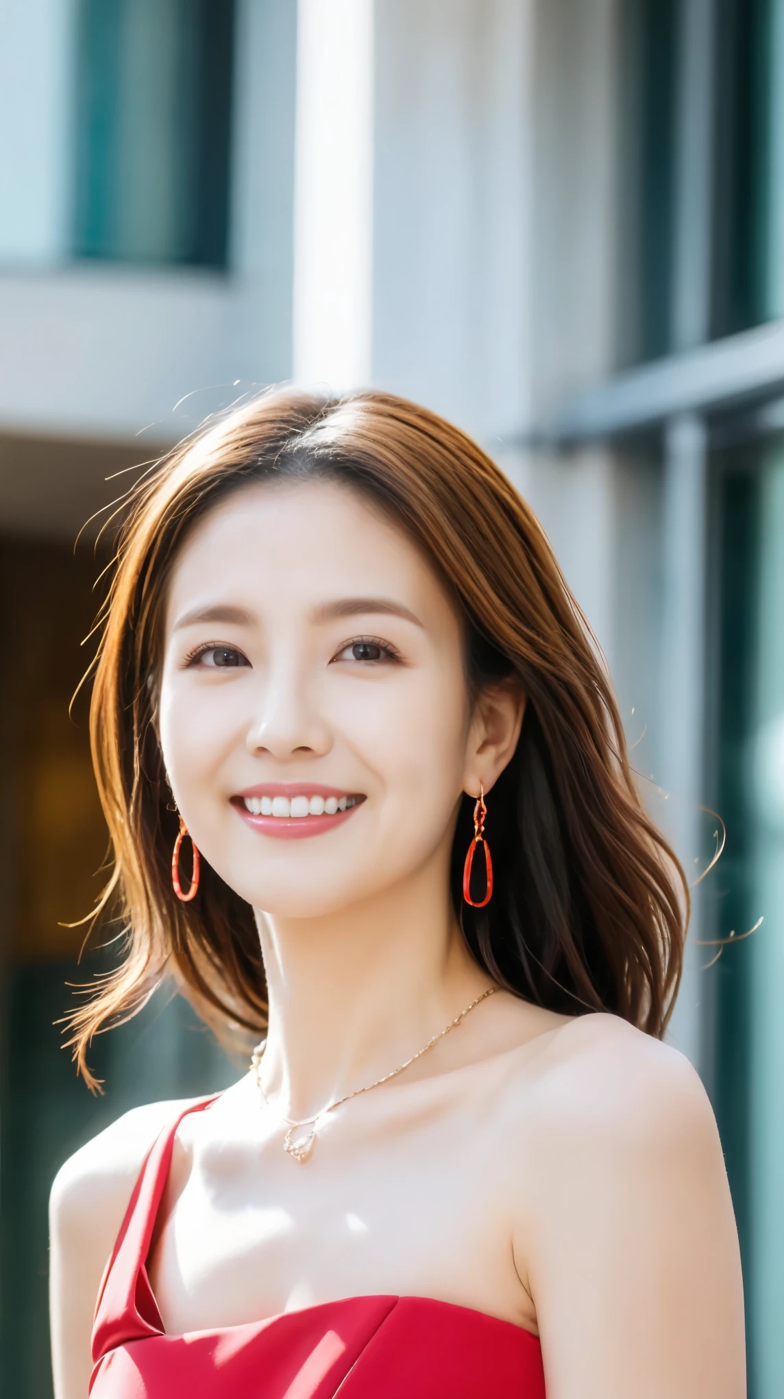 Highest quality,masterpiece,Ultra-high resolution,45Aged Japanese woman,The best smile,whole body,Bright Red Dress,High heels,Curly Hair,big ring earrings,Gorgeous Necklace,