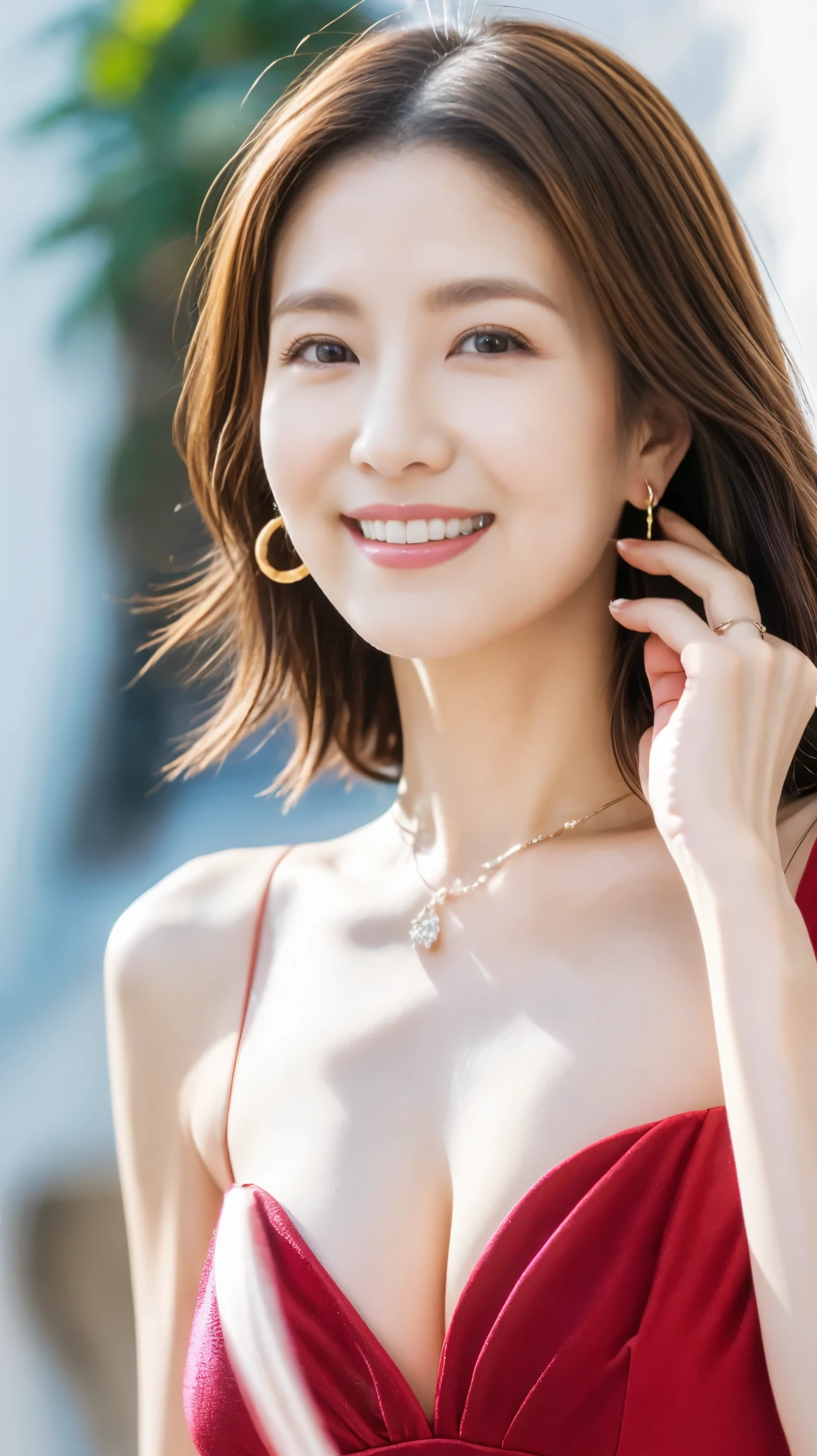 Highest quality,masterpiece,Ultra-high resolution,45Elderly Japanese woman,The best smile,whole body,Sexy and gorgeous red dress,High heels,Curly Hair,Large ring earrings,Beautiful Necklace,