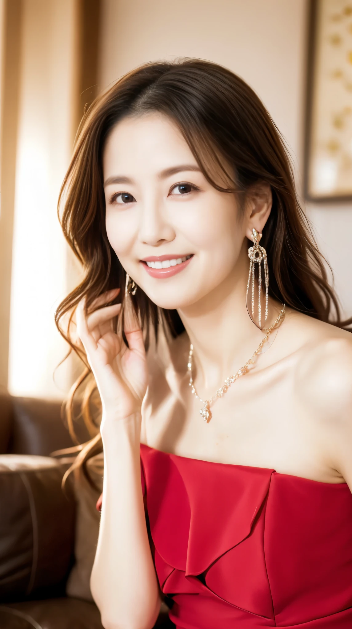 Highest quality,masterpiece,Ultra-high resolution,45Elderly Japanese woman,The best smile,whole body,Sexy and gorgeous red dress,High heels,Curly Hair,Large ring earrings,Beautiful Necklace,