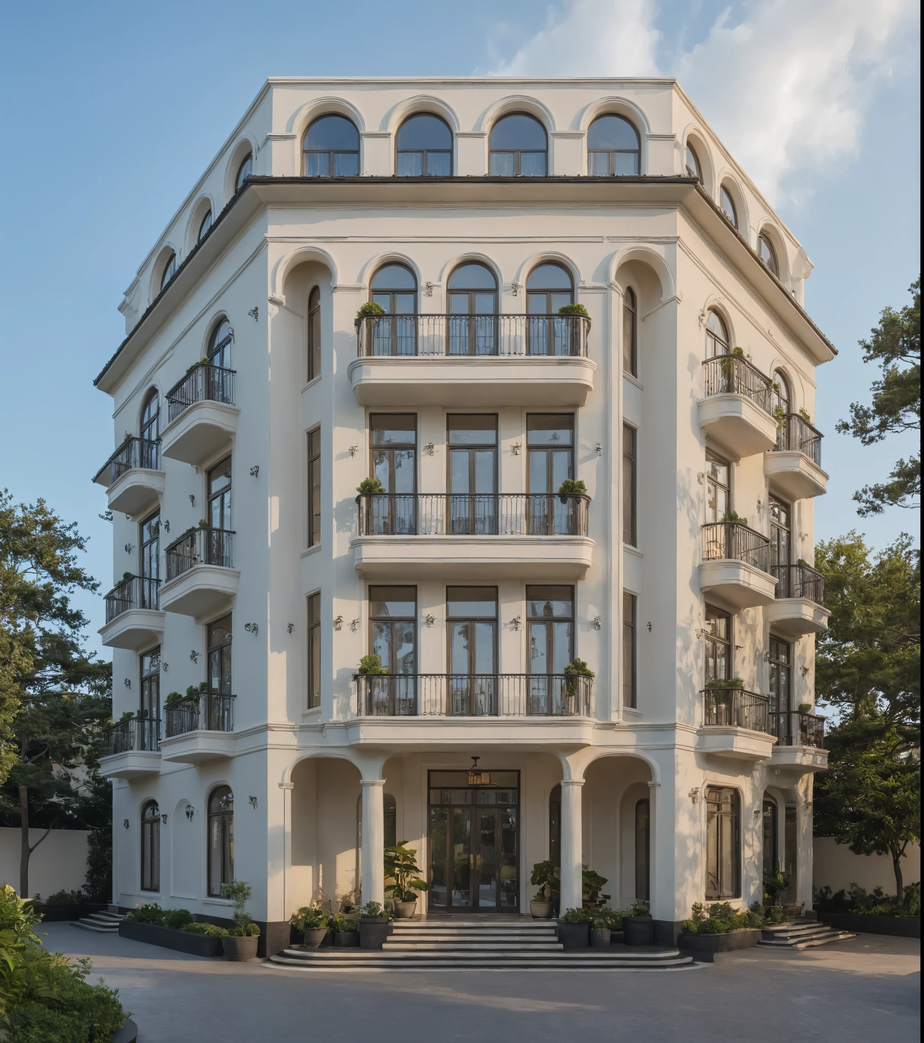 Raw photo, Masterpiece, high quality, best quality, authentic, super detail,
indoor, Neoclassical exterior, the hotel on the street, minimalist moulding, curved arch, marble base level, stone steps, decorative steel railing,
pavement, trees, shrubs, plant pot, flowers, blue sky, daylight,