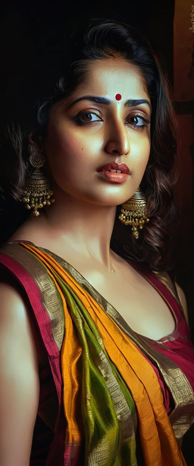 A woman, wearing erotic saree , pale white skin tone ,looking at viewer, sensual pose, dramatic lighting, chiaroscuro, cinematic, dark, haunting, dramatic, moody, high contrast, vivid colors, glowing skin, oil painting, digital art, hyper realistic, photorealistic, best quality, 8k, masterpiece, ultra-detailed,chubby aadi, n1p, ketika , yamig, yami