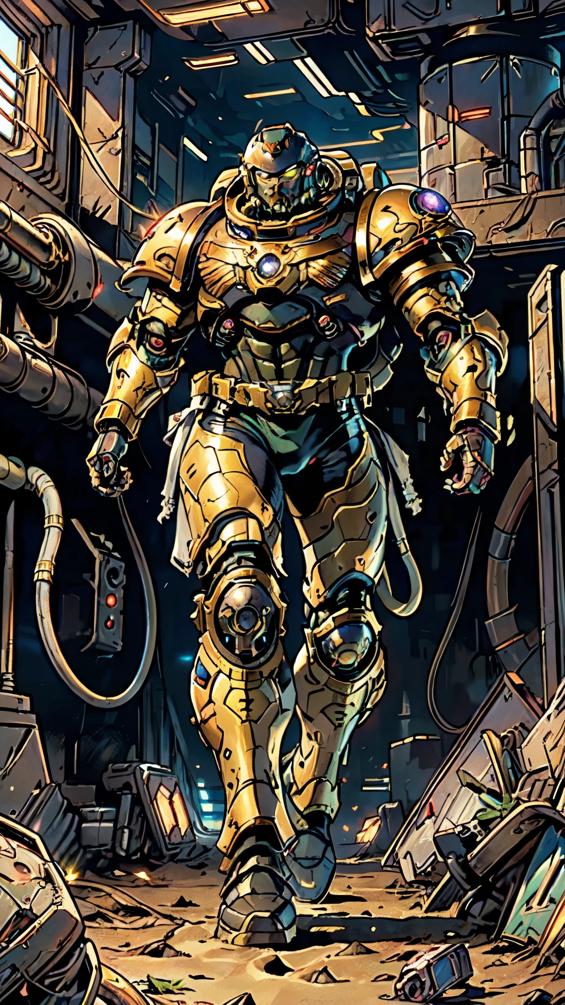 (masterpiece:1.5, best quality:1.5, extremely delicate:1.5), ((male:1.5)), a man wearing a full-face helmet, a biotech armored combat suit, green eyes, (a composite layered chest armor), fully enclosed shoulder guards, matching arm and leg guards, a belt of gemstone, (the color scheme is primarily White with Blue and Red accents), the design balances heavy with agility, a high-tech bio-mecha armor, (Armor Concept Inspired by Space Marines, stand of a futuristic sci-fi city), this character embodies a finely crafted fantasy-style armored hero in anime style, exquisite and mature manga art style, (element, plasma, energy, the armor glows), metallic, high definition, highres, ultra-detailed, ultra-fine painting, professional, perfect body proportions, golden ratio, anatomically correct, symmetrical face, extremely detailed eyes and face, high quality eyes, creativity, RAW photo, UHD, 32k, Natural light, cinematic lighting, masterpiece-anatomy-perfect