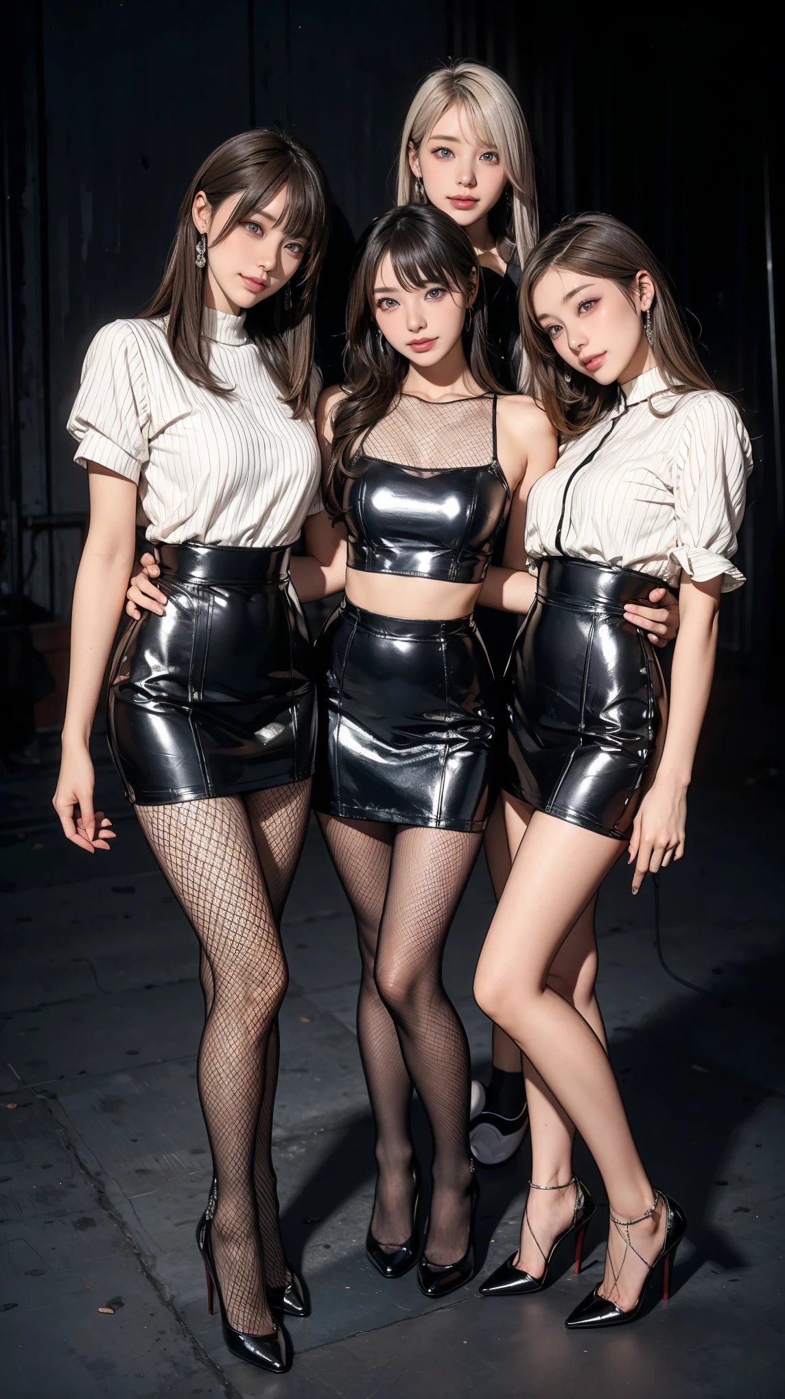 3 Japanese cuties、A beautiful girl in a sexy black outfit。Camera angle is full shot、Enough for the character&#39;s whole body to fit inside。Character pose is upright。