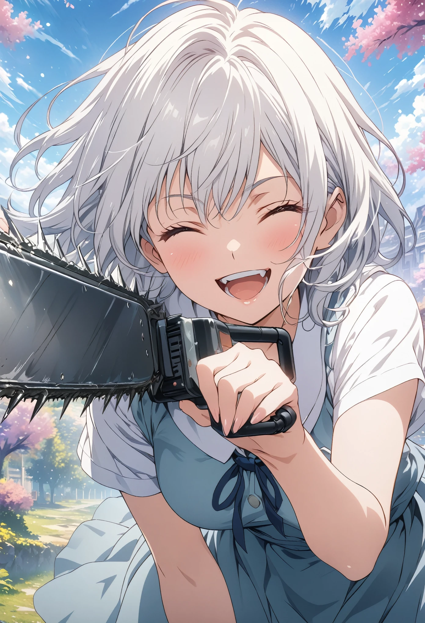 Masterpiece, highest quality, high definition CG Unity 8K wallpaper, high school girl anime illustration. Jason cosplay, holding a chainsaw, eyes closed, mouth open and smiling. The background is a bright pastel landscape, white hair, yellow eyes, and a white mask.