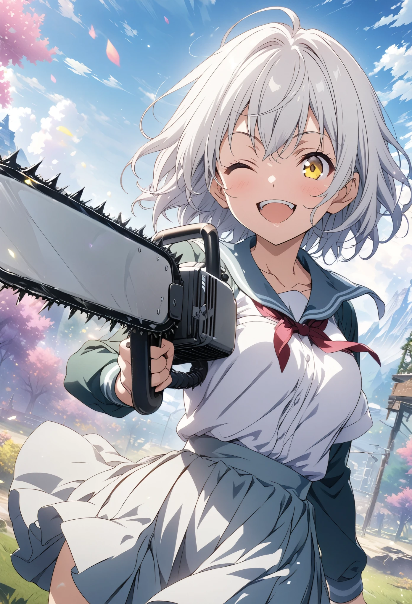 Masterpiece, highest quality, high definition CG Unity 8K wallpaper, high school girl anime illustration. Jason cosplay, holding a chainsaw, eyes closed, mouth open and smiling. The background is a bright pastel landscape, white hair, yellow eyes, and a white mask.