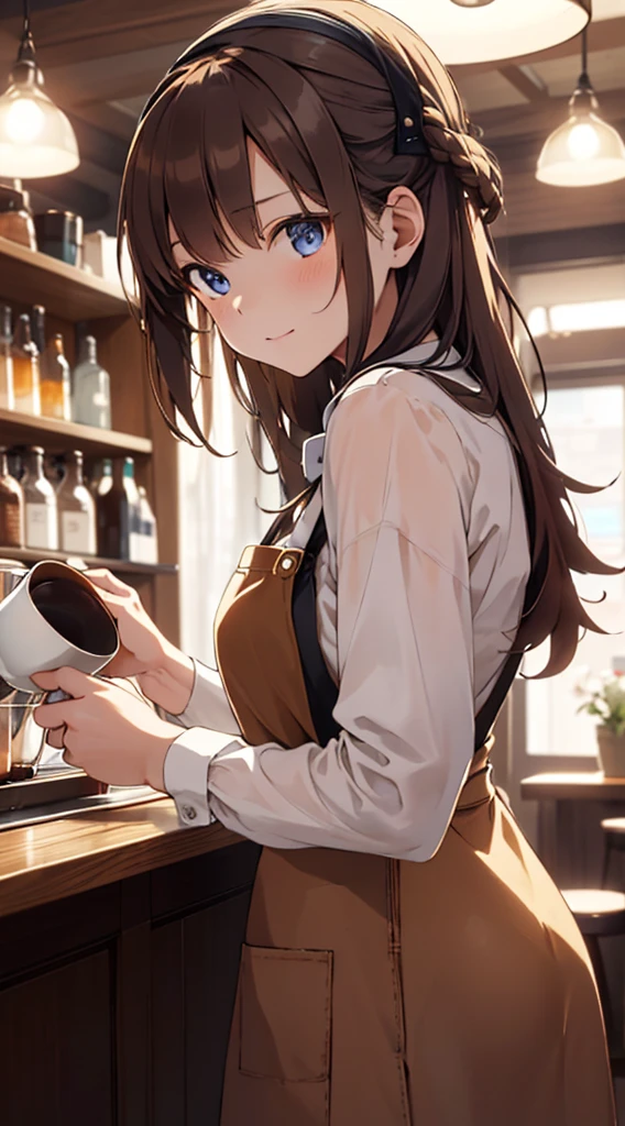 (masterpiece), best quality,  a girl working on a  coffe shop, she she is making coffe in a machine, making coffe, perfect face, expressive eyes, brown apron, coffe shop from inside, tied hair,blue eyes, cute girl, cozy, (night), realistic, 4k, intricate, detailed, vase flower, cozy lights, perfect lighting, traced light, warm colors, chairs an tables, everyday life, modern, elegant, (relaxing atmosphere), peaceful, aromatic,happy,happyness, (blond hair), white shirt, bartender, soft, brown hairband, humble,delicate, gentle, night, contrast, vivid colors, bokeh, (perfect coffe machine), espresso, (soft), glow, glowing eyes

BREAK she is making coffe, there is a table on the left side with cups, there is a coffe machine in the table, steam is lefting the cup, delicious coffe
, Cmyth,