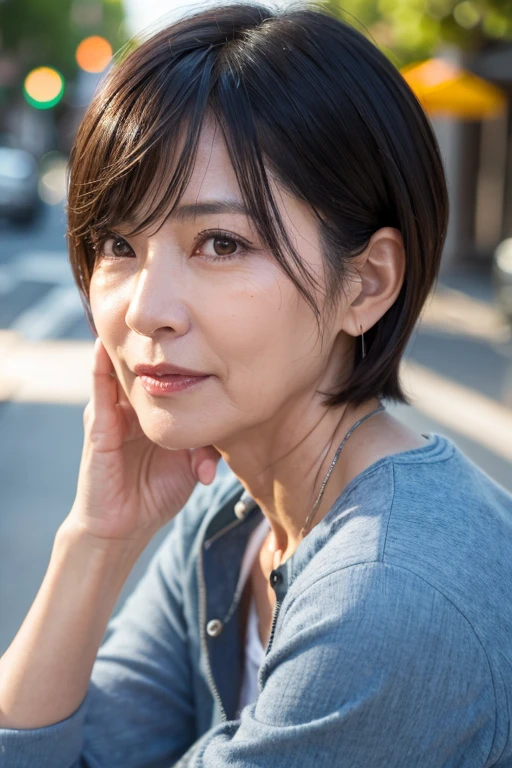 Portrait、8K、high quality、Realistic Photographic Images、50 years old、Japanese women、Neat and clean wife、small 、housewife、Natural and realistic eyes、Beautiful black hair、short hair、Sappin'、light makeup、Beautiful lighting、Golden ratio composition、Laughing、Casual clothing、Natural background、Blurred Background、Cityscape、A purely Japanese personality、Upper body、Unclear、Mature Woman、Plain、gray、beige、green、smile、Black-haired、Small black eyes、Background blur
