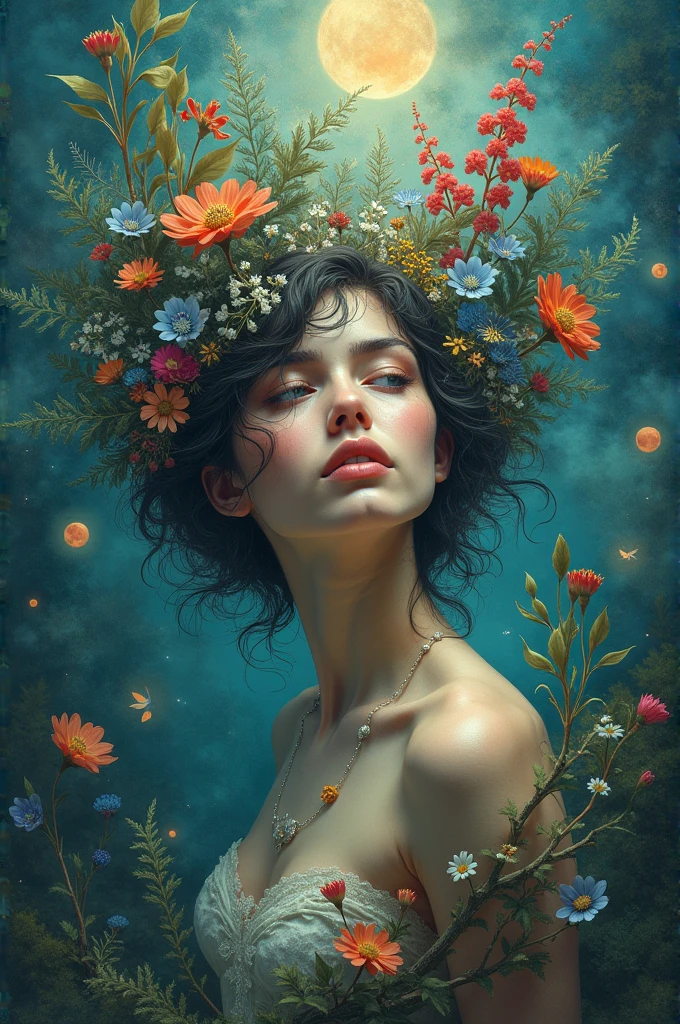 a beautiful woman nude, no underwear, nervously trying to cover up in an alien flower garden in full bloom on a moonlit night, timid poses, tentacles reach for Kate dipping slime, highly detailed, 8k, photorealistic, dramatic lighting, cinematic, award winning portrait, masterpiece