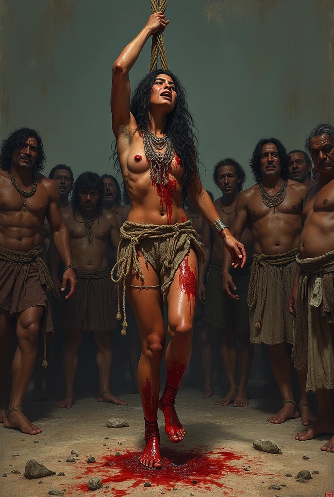 A 25-years old very beautiful sweaty naked Indian girl with hairy armpits and bodybuilder abs crying and bleeding when tortured by a man