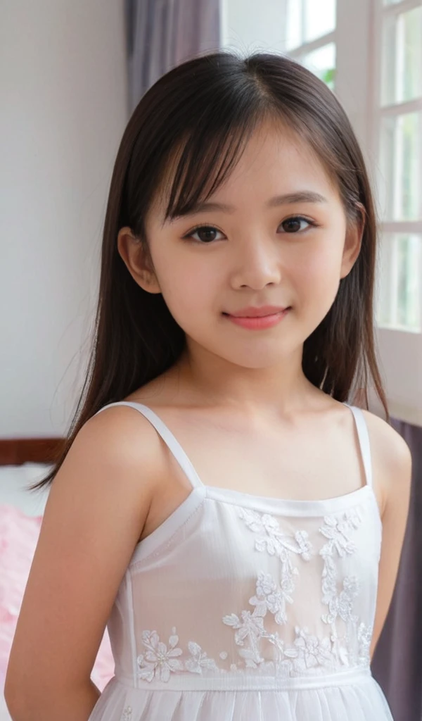 8k, masterpiece, cute, very pretty, Indonesian-Chinese, age 10, ((preteen)), pale skin, Innocent face, cute face, juvenile physique, beautiful body, Calm Eyes, White camisole dress, Her clothes are transparent and her skin is visible, adorable, blushing, pretty, flawless, Anatomically Correct, shy, embarrassed, Looking at the viewer, show off her cuteness