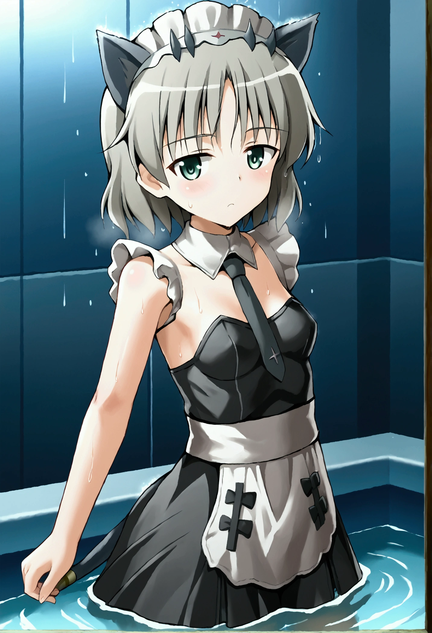 (8k, Highest quality, Anime Style, View your viewers, Intricate details:1.3),(One woman, Strike Witches Sanya, Small breasts, I can see the valley), (Maid clothes, Sweating, The whole body is visible, Being hit by rain, Soaking wet)