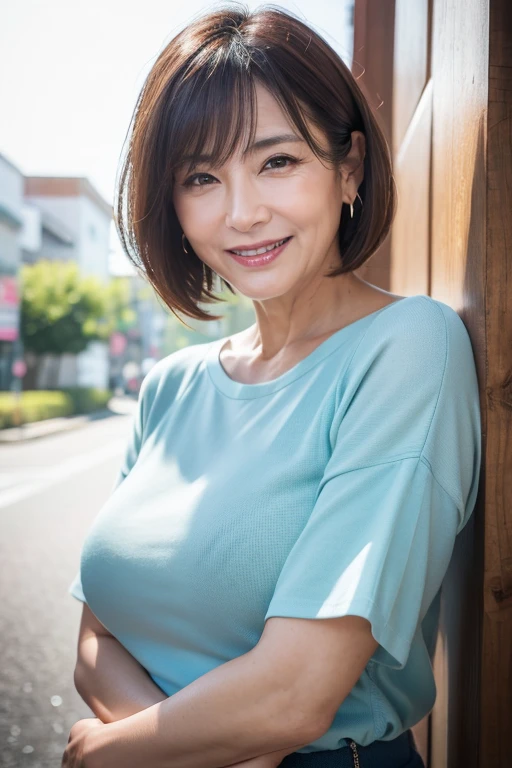 Highest quality、masterpiece、8K、Very detailed、Realistic、(50 years old)、(Wrinkles around the eyes:1.2)、(Wrinkles around the mouth:1.2)、(Looking at me with a mischievous smile)、whole body、(Big Breasts)、Thin and beautiful legs、Tight and slim waist、(A tight, sleeveless buttoned-up collared shirt:1.2)、(Short tight skirt:1.2)、Short Hair、