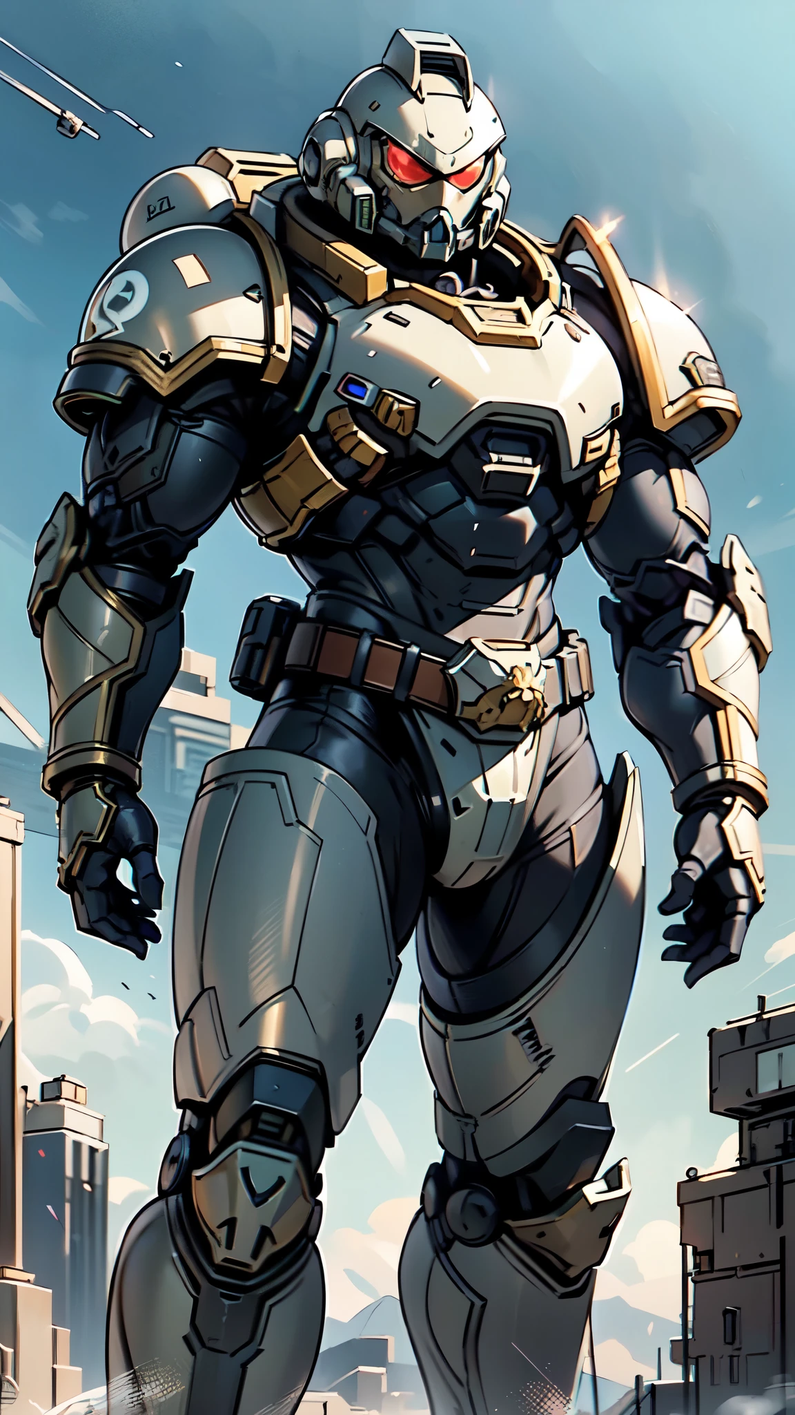 (masterpiece:1.5, best quality:1.5, extremely delicate:1.5), ((male:1.5)), a man wearing a full-face helmet, a biotech armored combat suit, green eyes, (a composite layered chest armor), fully enclosed shoulder guards, matching arm and leg guards, a belt of gemstone, (the color scheme is primarily White with Blue and Red accents), the design balances heavy with agility, a high-tech bio-mecha armor, (Armor Concept Inspired by Space Marines, stand of a futuristic sci-fi city), this character embodies a finely crafted fantasy-style armored hero in anime style, exquisite and mature manga art style, (element, plasma, energy, the armor glows), metallic, high definition, highres, ultra-detailed, ultra-fine painting, professional, perfect body proportions, golden ratio, anatomically correct, symmetrical face, extremely detailed eyes and face, high quality eyes, creativity, RAW photo, UHD, 32k, Natural light, cinematic lighting, masterpiece-anatomy-perfect