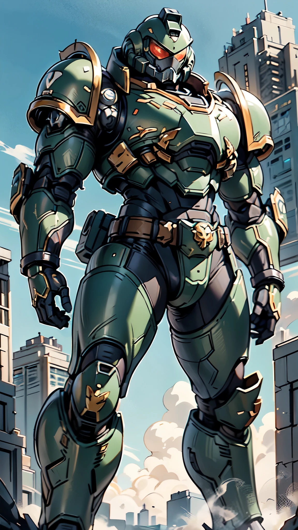 (masterpiece:1.5, best quality:1.5, extremely delicate:1.5), ((male:1.5)), a man wearing a full-face helmet, a biotech armored combat suit, green eyes, (a composite layered chest armor), fully enclosed shoulder guards, matching arm and leg guards, a belt of gemstone, (the color scheme is primarily White with Blue and Red accents), the design balances heavy with agility, a high-tech bio-mecha armor, (Armor Concept Inspired by Space Marines, stand of a futuristic sci-fi city), this character embodies a finely crafted fantasy-style armored hero in anime style, exquisite and mature manga art style, (element, plasma, energy, the armor glows), metallic, high definition, highres, ultra-detailed, ultra-fine painting, professional, perfect body proportions, golden ratio, anatomically correct, symmetrical face, extremely detailed eyes and face, high quality eyes, creativity, RAW photo, UHD, 32k, Natural light, cinematic lighting, masterpiece-anatomy-perfect