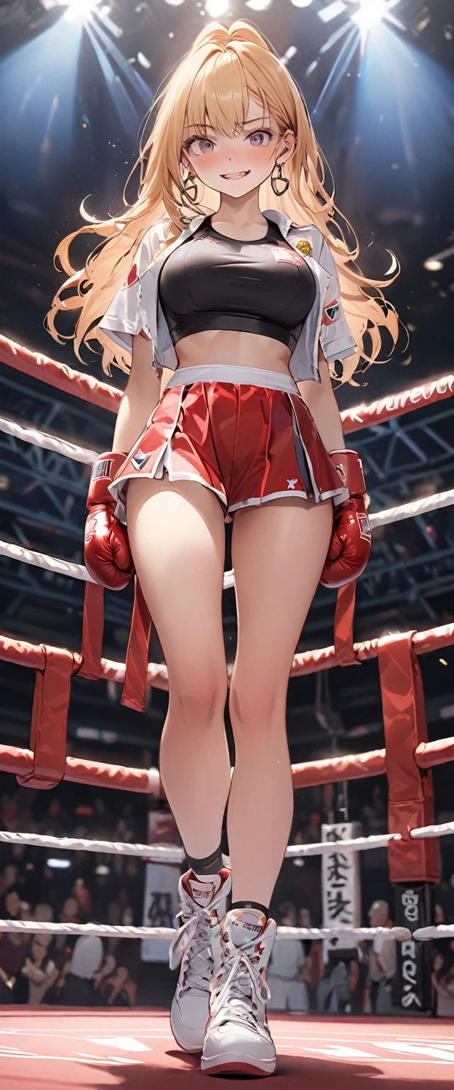 Best Quality, masutepiece, High resolution, (Anime Heroine Illustration), Anime Paint, 1beautiful girl ,Dynamic Angle,Female boxer ,small head,Large breasts,nice legs, Glowing skin, Sweat,At the boxing venue ,Detailed beautiful face,Large eyes,detailed hairs,detailed skins,Realistic Skins,Sweat,detailed clothes,from side