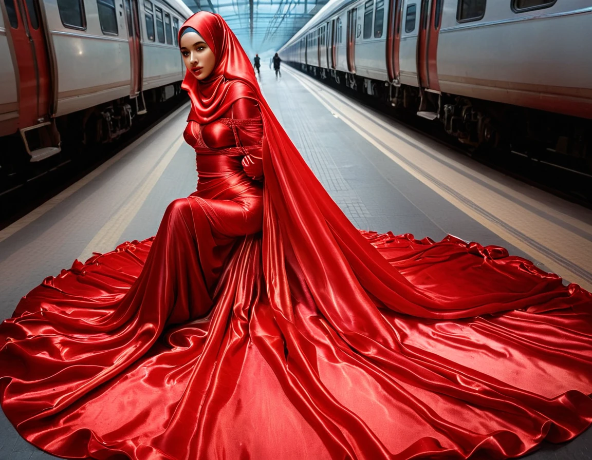 A woman shrouded in a 10-meter-long, plush red semi transparent satin shimmer cloth, tightly bound and grandly draping along the form of her body, poof style on the bottom outfit, flowing off into a pooled floor-length train, styled in a mermaid-inspired outfit, her head modestly veiled in a satin hijab, tall woman, in the middle of a traffic jam, a full-body pose conveying a sense of mysterious elegance, captured in a 4k resolution, ultra-realistic