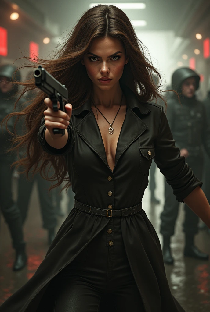 (Best quality:1.4), (ultra detailed:1.4), full body shot , ana de armas, smirk, smirk, sexy one piece semi long dress opened on chest, spy outfit,holding a gun and shooting at enemies,war set,highly detailed,photorealistic,intricate details,dramatic lighting,cinematic composition,vibrant colors,dynamic action pose, casino setup, lots of people around