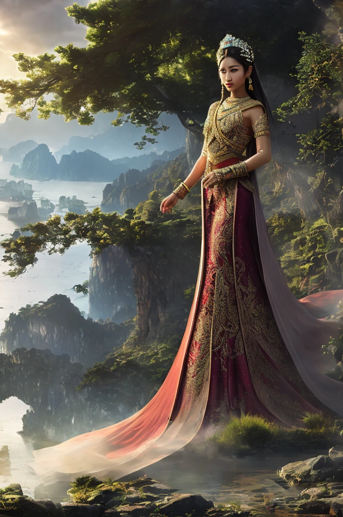 Inspired by the stunning works of PIXI DOT on Artstation, you decide to push the boundaries of your photography by incorporating elements of digital painting and unreal engine technology into your shots of the beautiful Thai Apache Himalayan Princess. With Artgem and Greg Rutkowski's incredible use of light and shadow in mind, you set up your camera to capture the Princess in different angles, using the natural lighting of the sun to cast dramatic shadows across her face and intricate clothing. You then bring these shots into the digital realm, enhancing them with touches of digital painting to add depth and texture to the Princess's features, and using Unreal Engine technology to transform the landscape into an otherworldly and magical realm. Through this process, you create a series of stunning images that merge traditional photography with cutting-edge technology, all the while keeping the essence of the beautiful Princess and her surroundings at the forefront of your vision