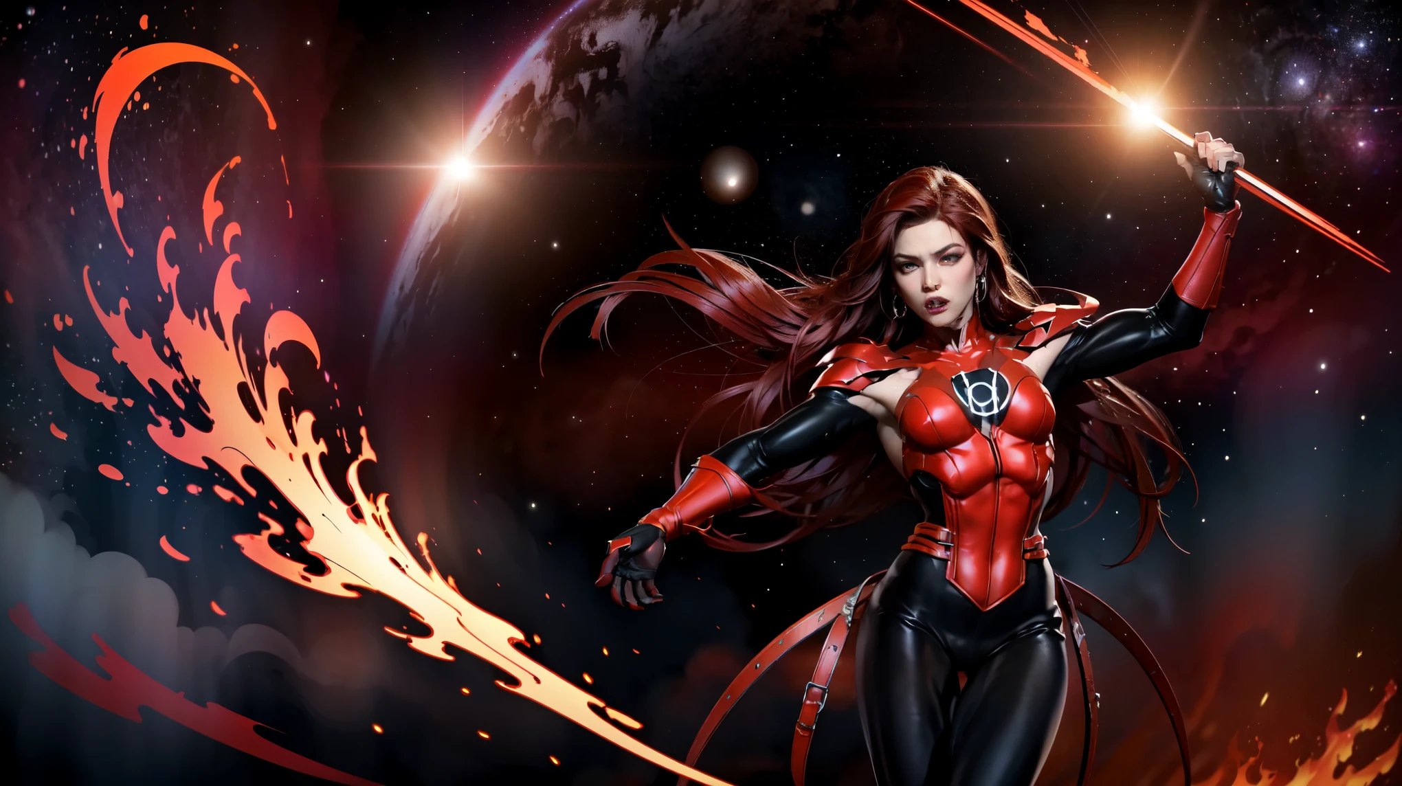 bloodyqueen1,red lantern costume,(Highest quality, 4K, High resolution, Realistic), (Concept Art: 1.2), (Bright colors: 1.1), (Luminous effect: 1.1), (dark red: 1.2), (Dynamic pose: 1.1), (Powerful aura: 1.2), (Intense expression: 1.1), (Sparkling eyes: 1.1), (Flowing Hair: 1.1), (Heavenly Beauty: 1.3), (background: Space Landscape), (Cosmic Energy: 1.2), (Vibrant stars: 1.1), (Energy Beam: 1.1), (Future Technology: 1.2) Angry beautiful woman with wrinkled lips, He is muscular and toned, wearing a skin-tight red bodysuit.. Her costume covers her navel、Decorated with intricate makeup designs. She&#39;s an iconic Red Lantern, A superhero from the DC Comics universe with extraordinary powers. This version of Red Lantern is a muscular, strong female character., She wears a bright red uniform that accentuates her figure.. Her bodysuit fits her body perfectly., Accentuating her curves. The viewer&#39;s attention is drawn to her medium-sized breasts., Beautifully detailed and、It enhances her realism and overall aesthetic.。. She is looking straight at the viewer, Her seductive gaze is、This is further enhanced by the realism of her eyes., Shining brightly. Her expression is intense、I'm determined, Innocent々Demonstrate an unwavering commitment to protecting. アートワークはHighest qualityです, Resolution 4K, Every detail of a beautiful woman is captured in detail. The Realistic style brings her to life, It looks as if it has jumped out of the canvas and into reality.. The artist captured the essence of the Red Lantern&#39;s power and aura., with a vibrant and Dynamic pose. Her body emanates a powerful, glowing green energy., forming a captivating Space Landscape background. The starry night sky、Full of vibrant and vivid colors, Give artwork an otherworldly feel. The Cosmic Energy radiating from red Lantern is depicted through Energy Beam and Future Technology surrounding her. The strength of her power、Shining brightly
