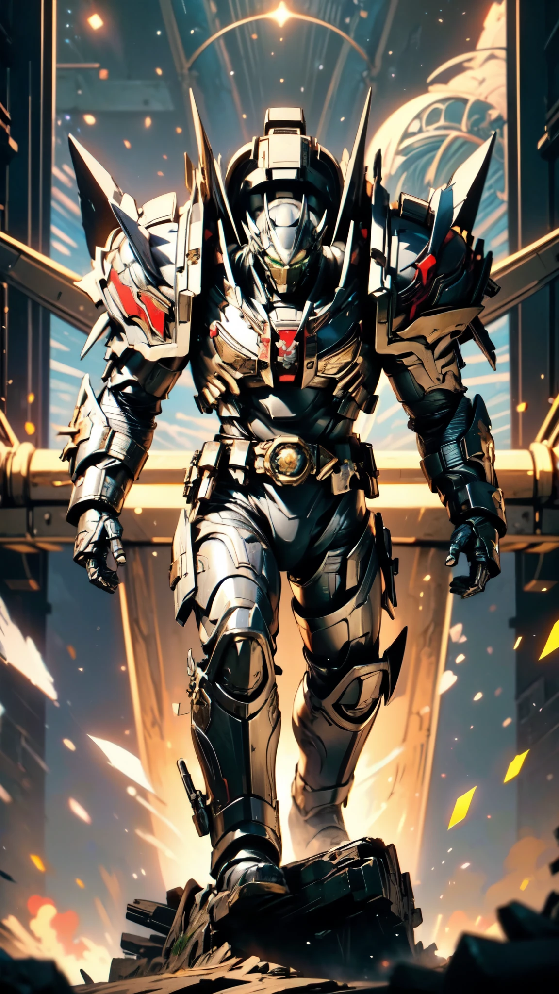 (masterpiece:1.5, best quality:1.5, extremely delicate:1.5), ((male:1.5)), a man wearing a full-face helmet, a biotech armored combat suit, green eyes, (a composite layered chest armor), fully enclosed shoulder guards, matching arm and leg guards, a belt of gemstone, (the color scheme is primarily White with Blue and Red accents), the design balances heavy with agility, a high-tech bio-mecha armor, (Armor Concept Inspired by Space Marines, stand of a futuristic sci-fi city), this character embodies a finely crafted fantasy-style armored hero in anime style, exquisite and mature manga art style, (element, plasma, energy, the armor glows), metallic, high definition, highres, ultra-detailed, ultra-fine painting, professional, perfect body proportions, golden ratio, anatomically correct, symmetrical face, extremely detailed eyes and face, high quality eyes, creativity, RAW photo, UHD, 32k, Natural light, cinematic lighting, masterpiece-anatomy-perfect