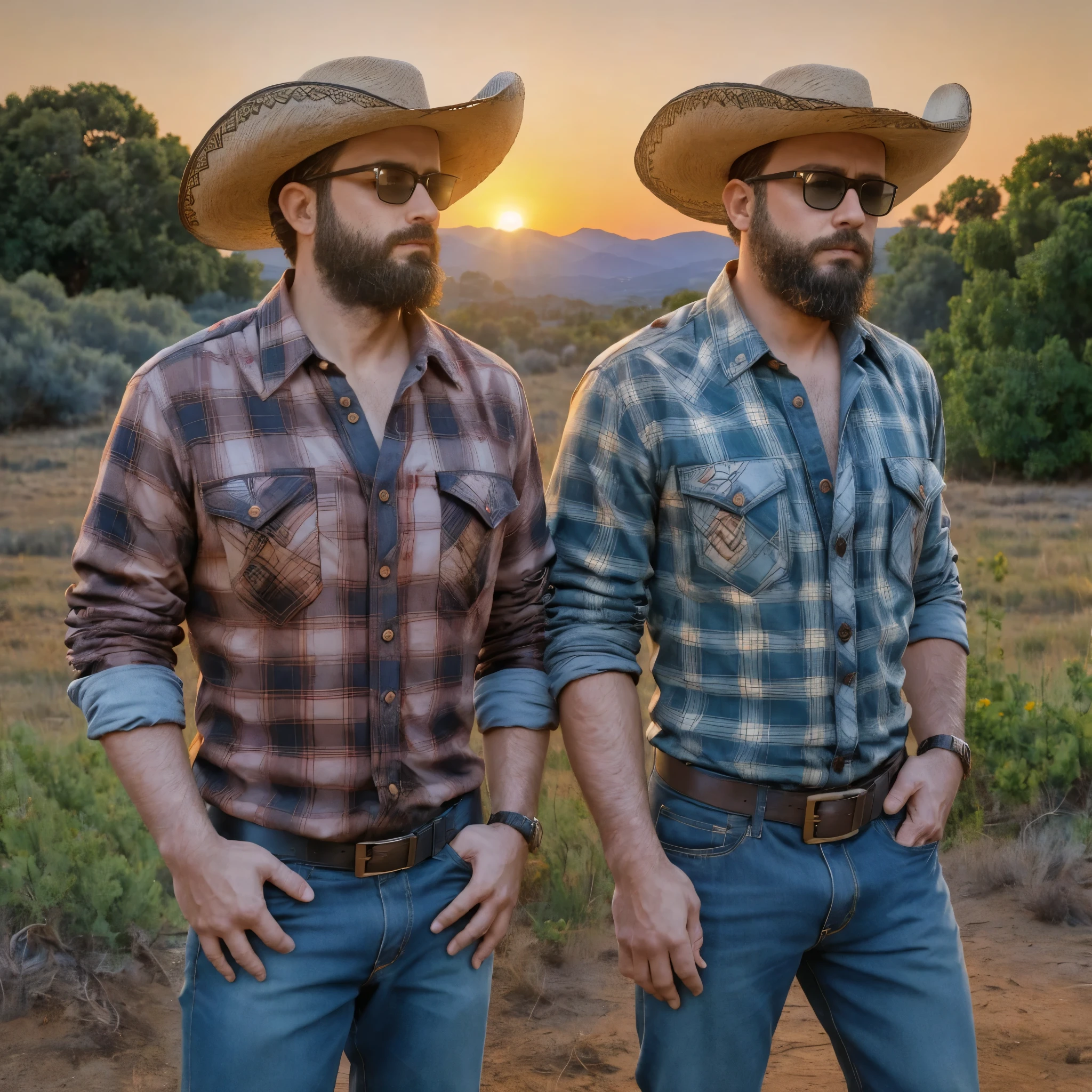 Obra maestra, desenfoque de campo, Parte superior del cuerpo, Hands in pants pockets , 3 man with beard.., sombrero vaquero y gafas de sol. Man in a plaid shirt in a Netflix drug trafficking series with a sunset in the background.