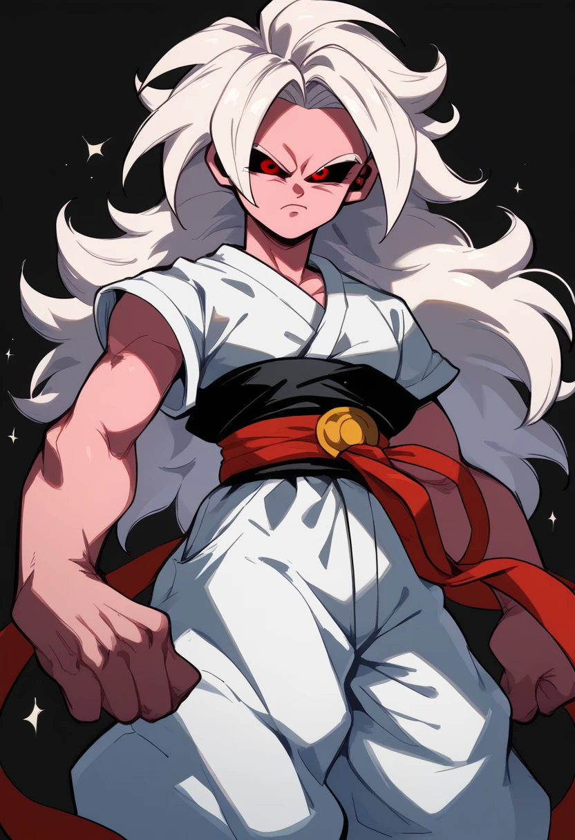 Pink-skinned woman,long hair,White hair , long white hair (white, spiky), red eyes, colored sclera (black eye sclera), black Regatta, red karate belt wrapped around the waist, white pants,Akira Toriyama style, Dragon Ball style 