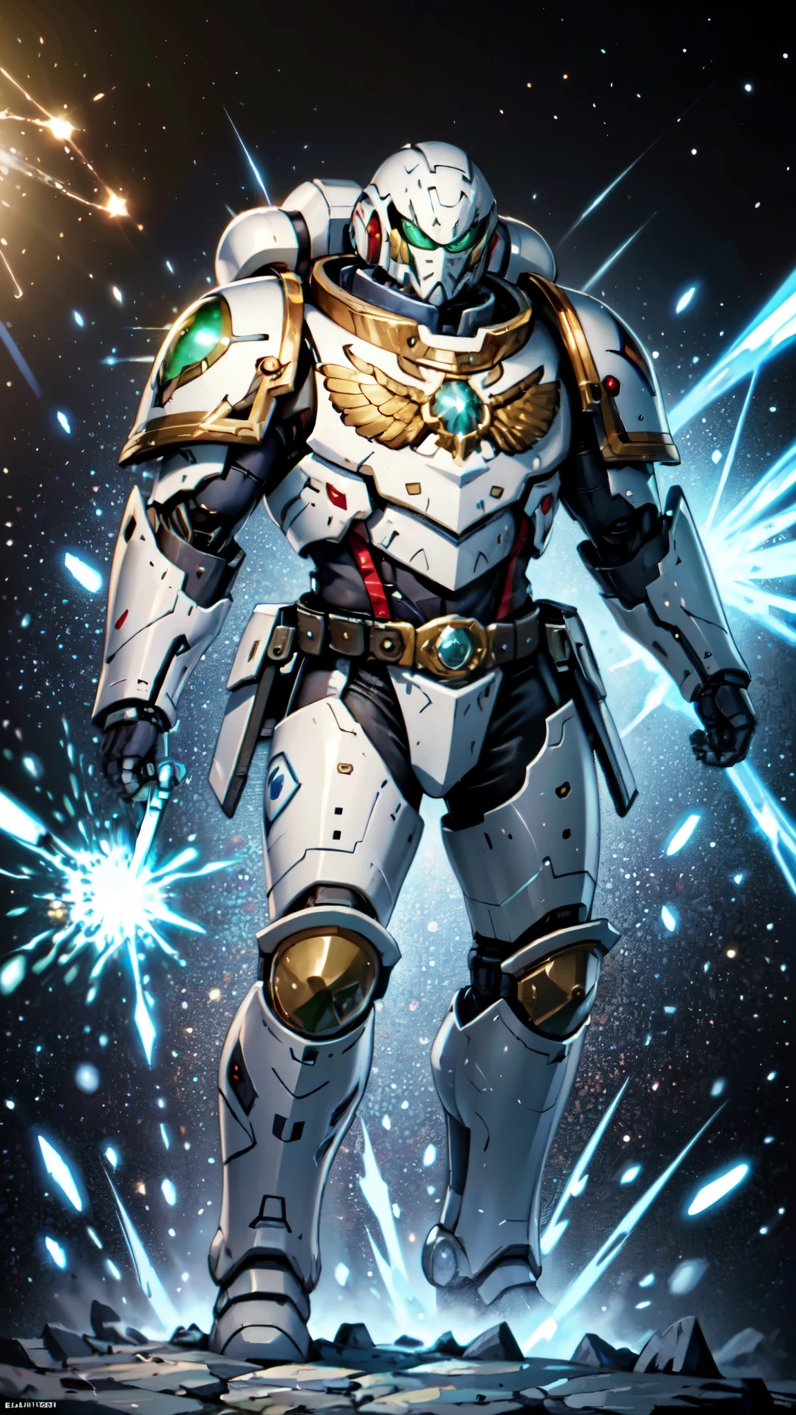 (masterpiece:1.5, best quality:1.5, extremely delicate:1.5), ((male:1.5)), a man wearing a full-face helmet, a biotech armored combat suit, green eyes, (a composite layered chest armor), fully enclosed shoulder guards, matching arm and leg guards, a belt of gemstone, (the color scheme is primarily White with Blue and Red accents), the design balances heavy with agility, a high-tech bio-mecha armor, (Armor Concept Inspired by Space Marines, stand of a futuristic sci-fi city), this character embodies a finely crafted fantasy-style armored hero in anime style, exquisite and mature manga art style, (element, plasma, energy, the armor glows), metallic, high definition, highres, ultra-detailed, ultra-fine painting, professional, perfect body proportions, golden ratio, anatomically correct, symmetrical face, extremely detailed eyes and face, high quality eyes, creativity, RAW photo, UHD, 32k, Natural light, cinematic lighting, masterpiece-anatomy-perfect