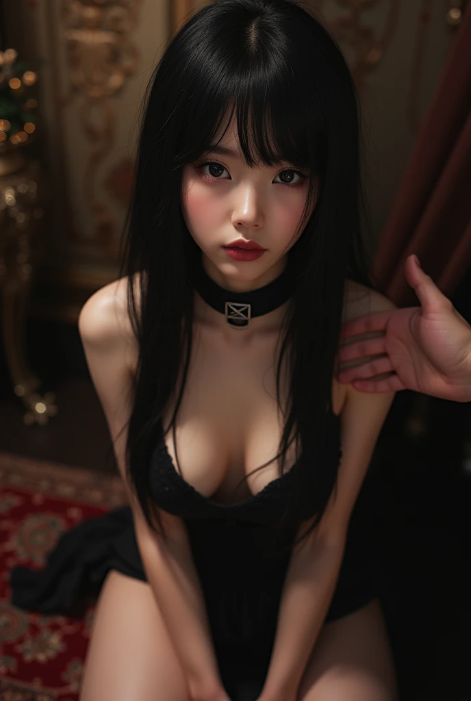 Goth girl, Vampire, dark supernatural vibe, cinematic lighting, ultra realistic, high quality, 16k, Alonea, sexy, seductive eyes look, looking at viewer, indoors, gigiandalucia, 1 hot girl, long black hair, clear eyes, pale-white skin (illuminated), lipstick, capelette, goth makeup, neckband, natural medium breasts, big hips, thick legs, naked, realistic shading, different sensual poses, erotic, bedroom background, blurred background, depth of field, dream atmosphere, vampire gothic aesthetic
