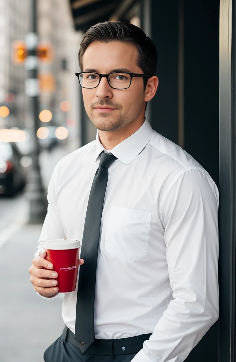 1man muscular male wear a fitted long-sleeve white shirt and tie, red long cape, 30 years old, wear round-rimmed glasses，small beard, Sexy and charming expression，gloomy eyes，Blue eyes, drinking coffee outside bodega, new york city，soft light, masterpiece, best quality, 8k ultra high definition, SLR camera, film grain, Fujifilm XT3 photorealistic art by midjourney and greg rutkowski