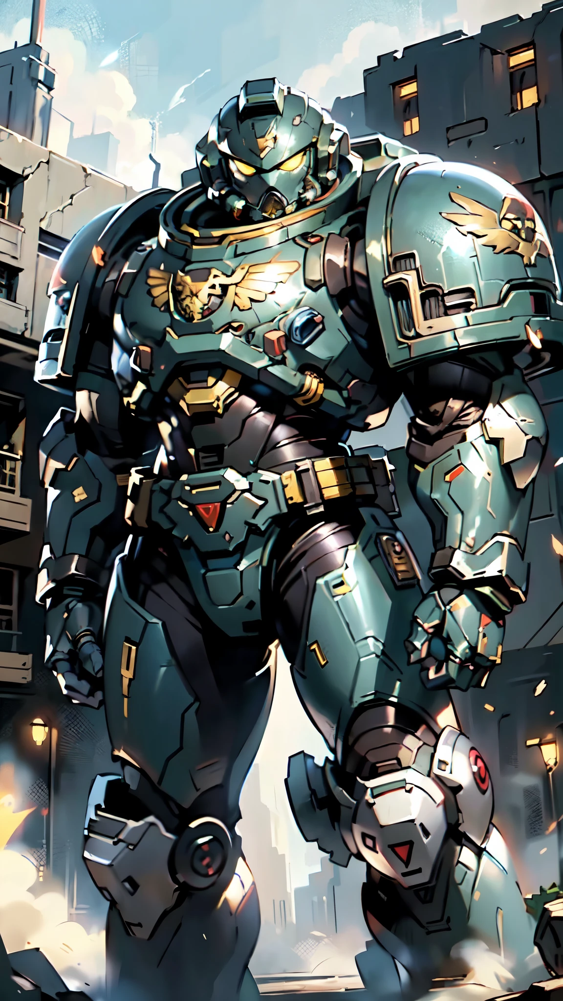 (masterpiece:1.5, best quality:1.5, extremely delicate:1.5), ((male:1.5)), a man wearing a full-face helmet, a biotech armored combat suit, green eyes, (a composite layered chest armor), fully enclosed shoulder guards, matching arm and leg guards, a belt of gemstone, (the color scheme is primarily Yellow with Red and Black accents), the design balances heavy with agility, a high-tech bio-mecha armor, (Armor Concept Inspired by Space Marines, stand of a futuristic sci-fi city), this character embodies a finely crafted fantasy-style armored hero in anime style, exquisite and mature manga art style, (element, plasma, energy, the armor glows), metallic, high definition, highres, ultra-detailed, ultra-fine painting, professional, perfect body proportions, golden ratio, anatomically correct, symmetrical face, extremely detailed eyes and face, high quality eyes, creativity, RAW photo, UHD, 32k, Natural light, cinematic lighting, masterpiece-anatomy-perfect