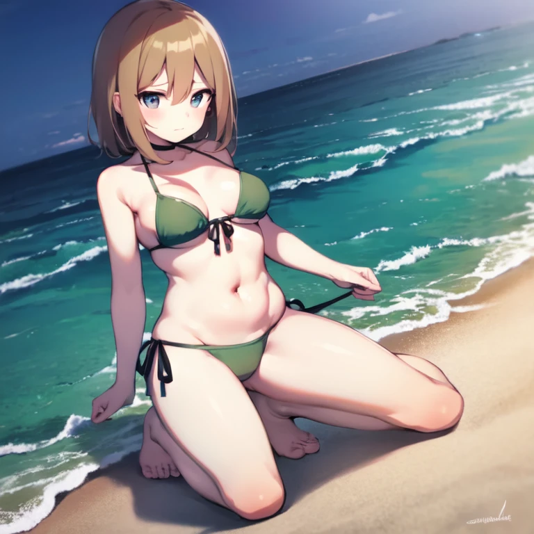 Chara, (1girl,solo), side-tie bikini, beach, bare shoulders,the retracted stomach, beachВысокое разрешение, Коричневые волосы, Красные глаза, Размытый передний план,kneeling