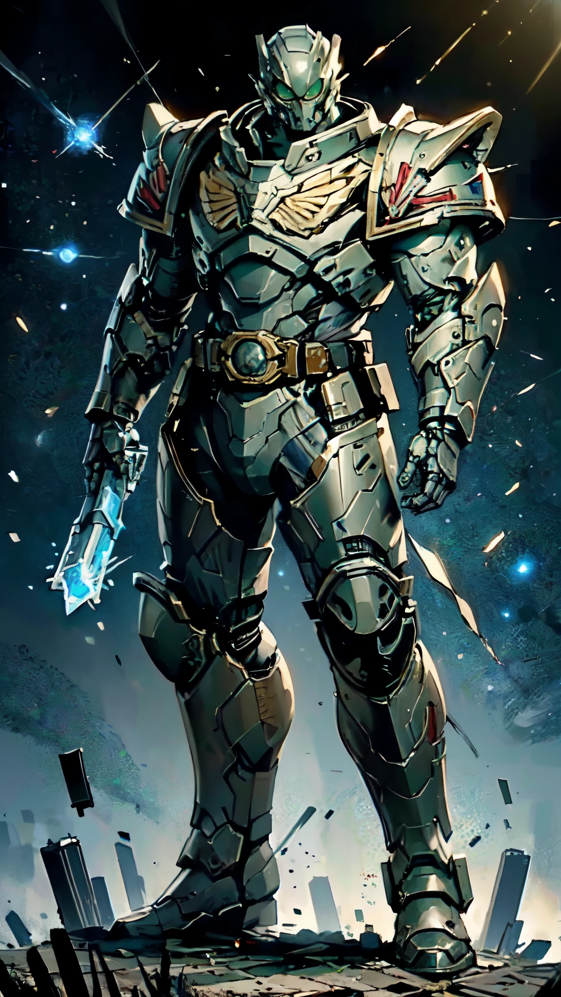 (masterpiece:1.5, best quality:1.5, extremely delicate:1.5), ((male:1.5)), a man wearing a full-face helmet, a biotech armored combat suit, green eyes, (a composite layered chest armor), fully enclosed shoulder guards, matching arm and leg guards, a belt of gemstone, (the color scheme is primarily White with Blue and Red accents), the design balances heavy with agility, a high-tech bio-mecha armor, (Armor Concept Inspired by Space Marines, stand of a futuristic sci-fi city), this character embodies a finely crafted fantasy-style armored hero in anime style, exquisite and mature manga art style, (element, plasma, energy, the armor glows), metallic, high definition, highres, ultra-detailed, ultra-fine painting, professional, perfect body proportions, golden ratio, anatomically correct, symmetrical face, extremely detailed eyes and face, high quality eyes, creativity, RAW photo, UHD, 32k, Natural light, cinematic lighting, masterpiece-anatomy-perfect