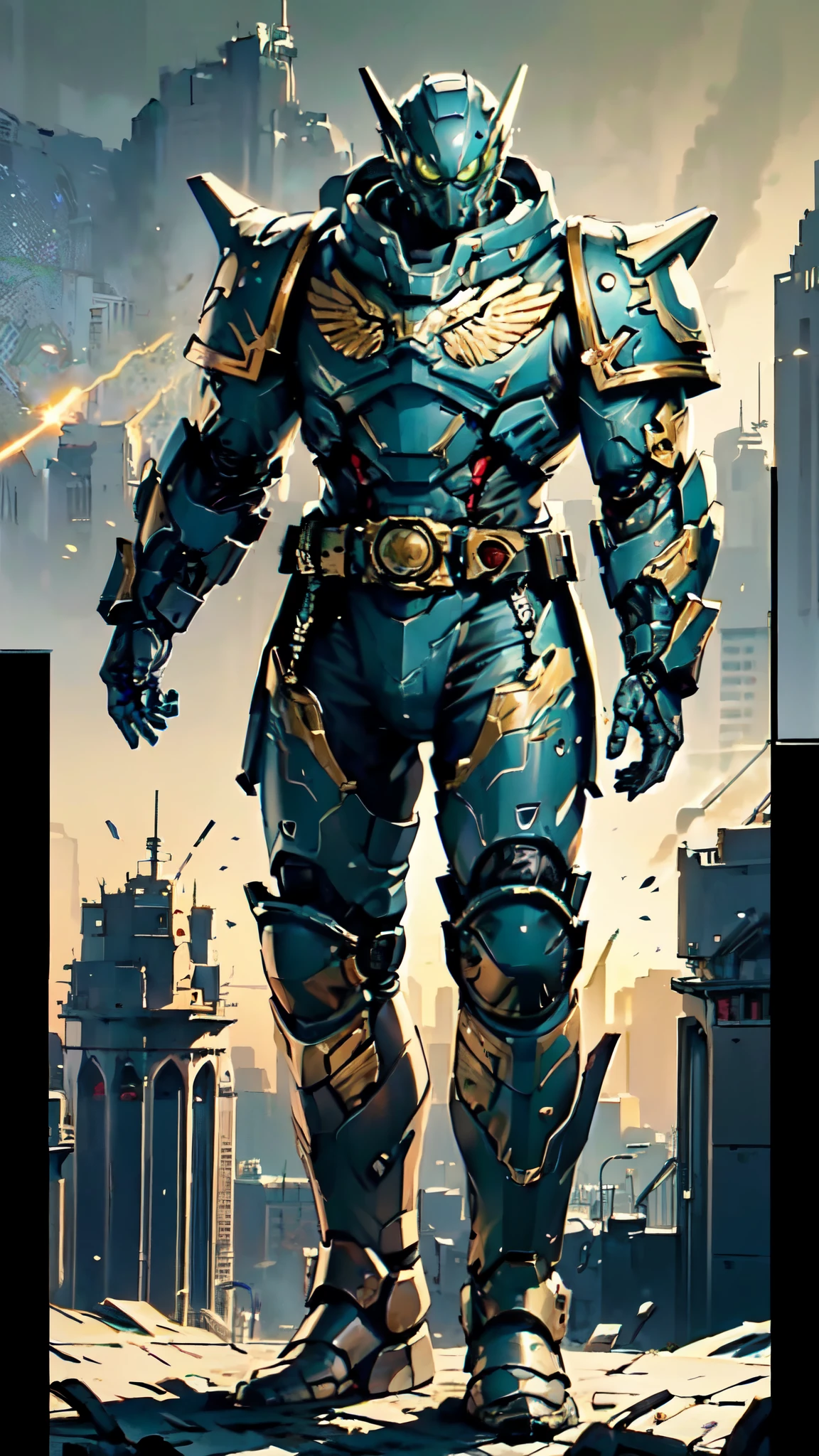 (masterpiece:1.5, best quality:1.5, extremely delicate:1.5), ((male:1.5)), a man wearing a full-face helmet, a biotech armored combat suit, green eyes, (a composite layered chest armor), fully enclosed shoulder guards, matching arm and leg guards, a belt of gemstone, (the color scheme is primarily White with Blue and Red accents), the design balances heavy with agility, a high-tech bio-mecha armor, (Armor Concept Inspired by Space Marines, stand of a futuristic sci-fi city), this character embodies a finely crafted fantasy-style armored hero in anime style, exquisite and mature manga art style, (element, plasma, energy, the armor glows), metallic, high definition, highres, ultra-detailed, ultra-fine painting, professional, perfect body proportions, golden ratio, anatomically correct, symmetrical face, extremely detailed eyes and face, high quality eyes, creativity, RAW photo, UHD, 32k, Natural light, cinematic lighting, masterpiece-anatomy-perfect