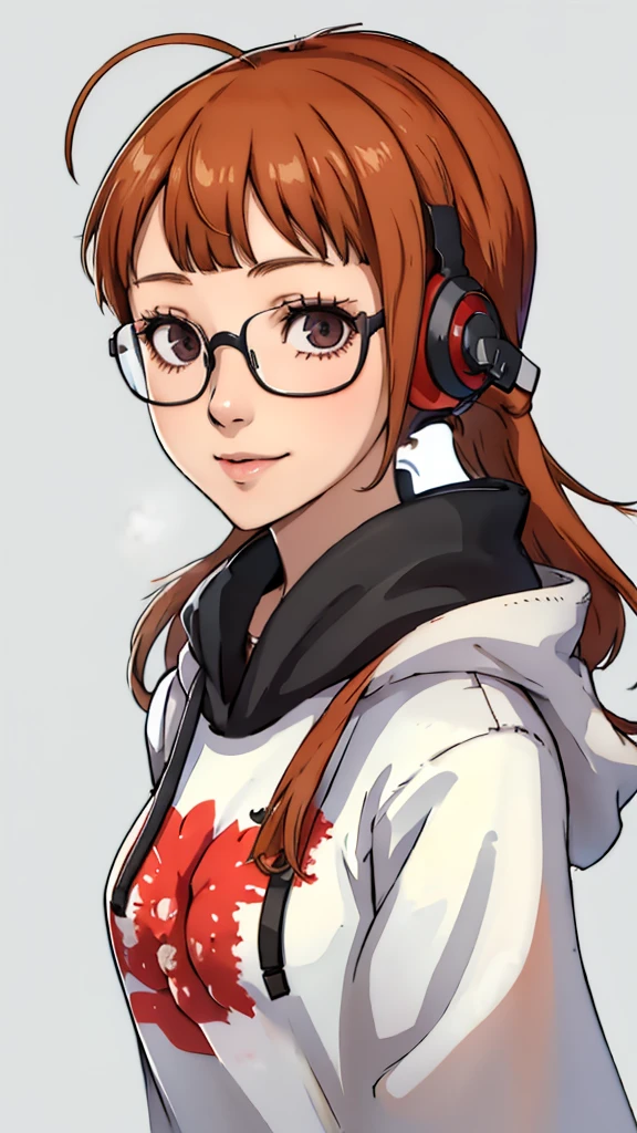 1girl, Futaba sakura, ponytails, glasses, headphones, hoodie, face portrait , front face, white background, Smile, face