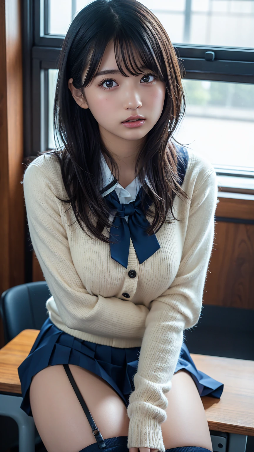 8K, high quality photo, Japanese Cute 18 years-old naked girl, B85W54H89, gold double bun hair, smirk, sitting on train seat, (((Turn up the hem of the skirt with her hands))), lift the skirt, white panties, (from below:1.1), (looking down, watching at Viewer:1.1)