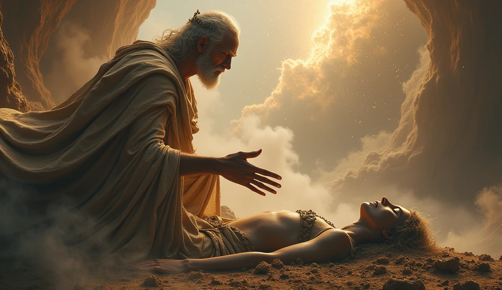 Adam receiving the breath of God in his nose, ceasing to be clay
