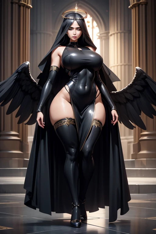 Super-detailed, 8k, 1 girl, mature, long delicate black hair, perfect figure, busty body, curvy body, large and droopy breast, slender hips, thick thighs, huge round ass, black full body dress, crown and head veil, expressionless, angel wings and halo, standing in the middle of a cathedral